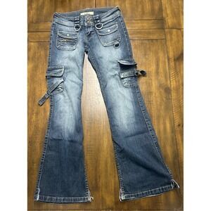 YMI Jeans USA Women 3 Cargo Flare Denim Medium Wash Low Rise Y2K D-Ring Buckle